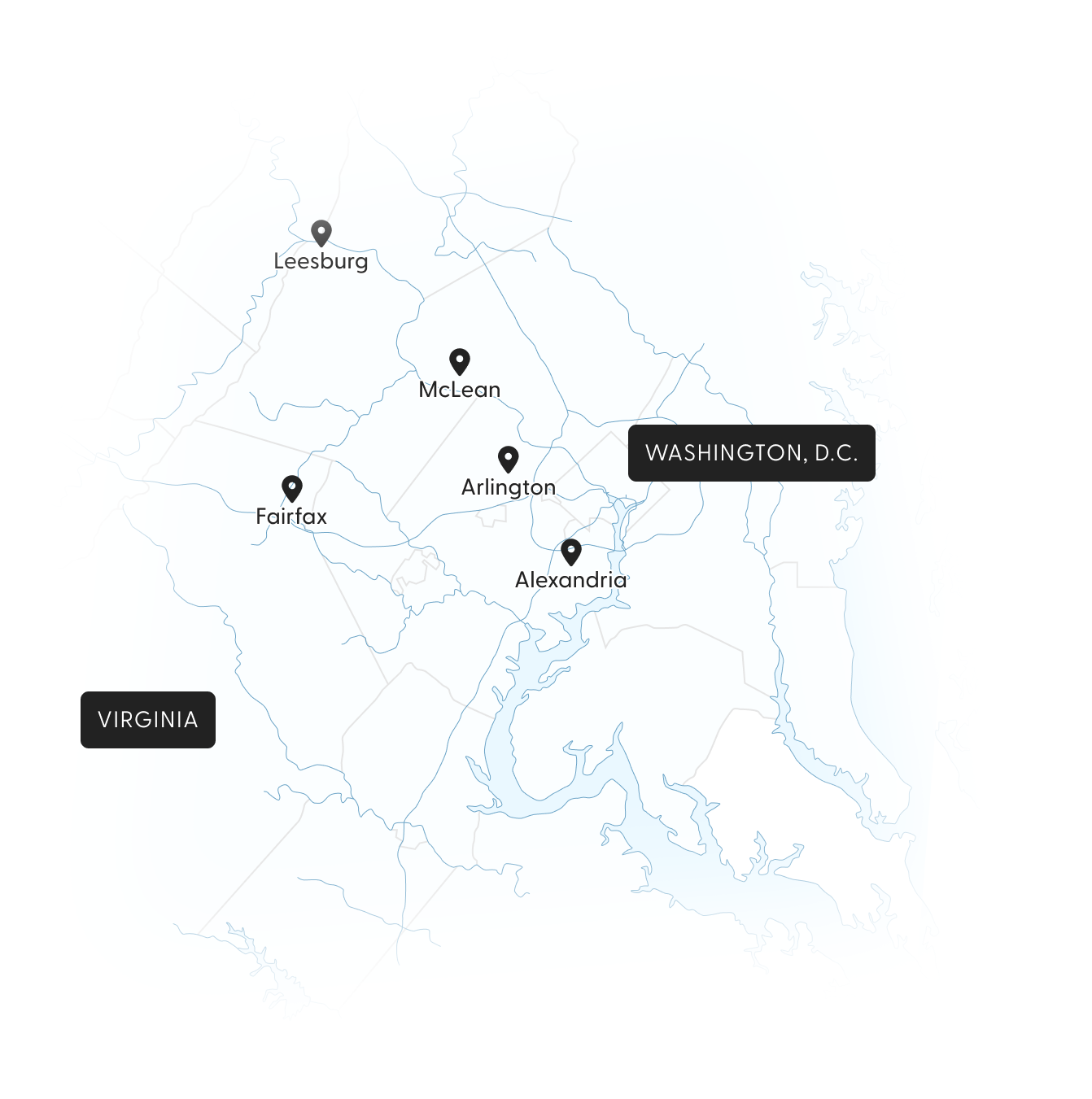 A map of the Washington, D.C. area with pins for Leesburg, McLean, Fairfax, Arlington, and Alexandria